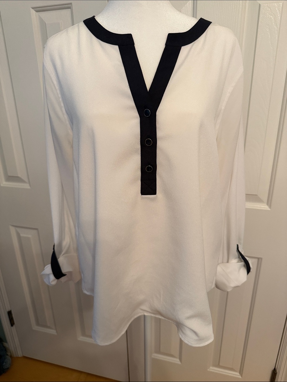 Calvin Klein White Blouse with Black Trim Placket